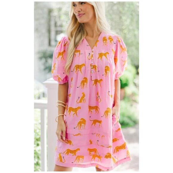 j marie Dresses & Skirts - J Marie Follow You Anywhere Cheetah Pink Preppy Puff Sleeve Dress